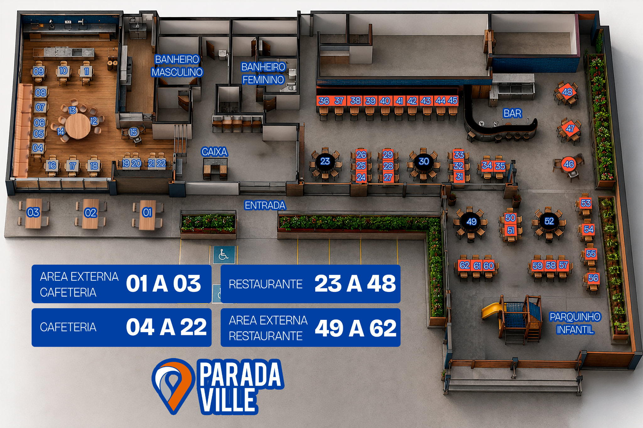Planta do salão Parada Ville com as mesas numeradas